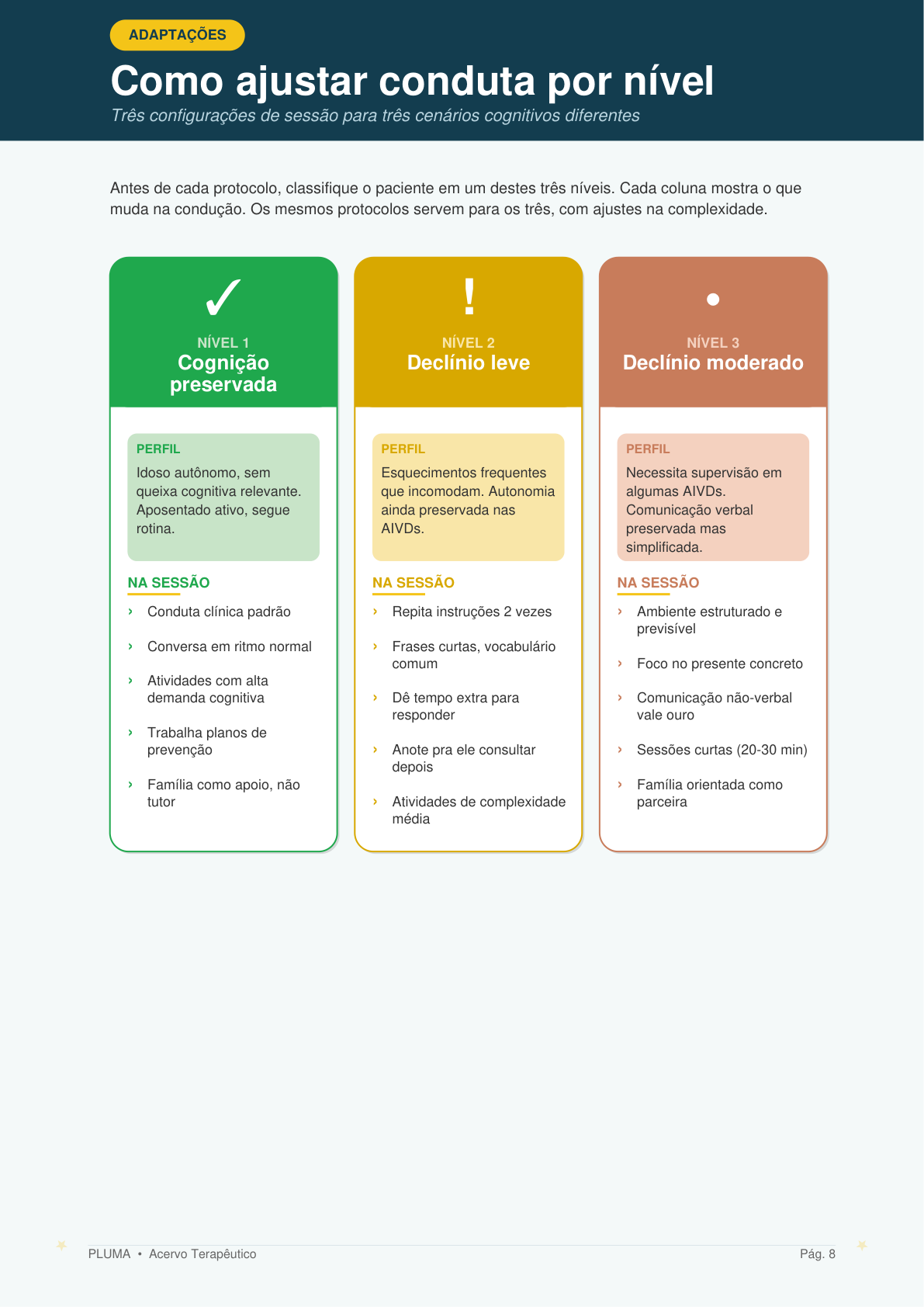 Adaptação da sessão para três níveis: cognição preservada, declínio leve e moderado
